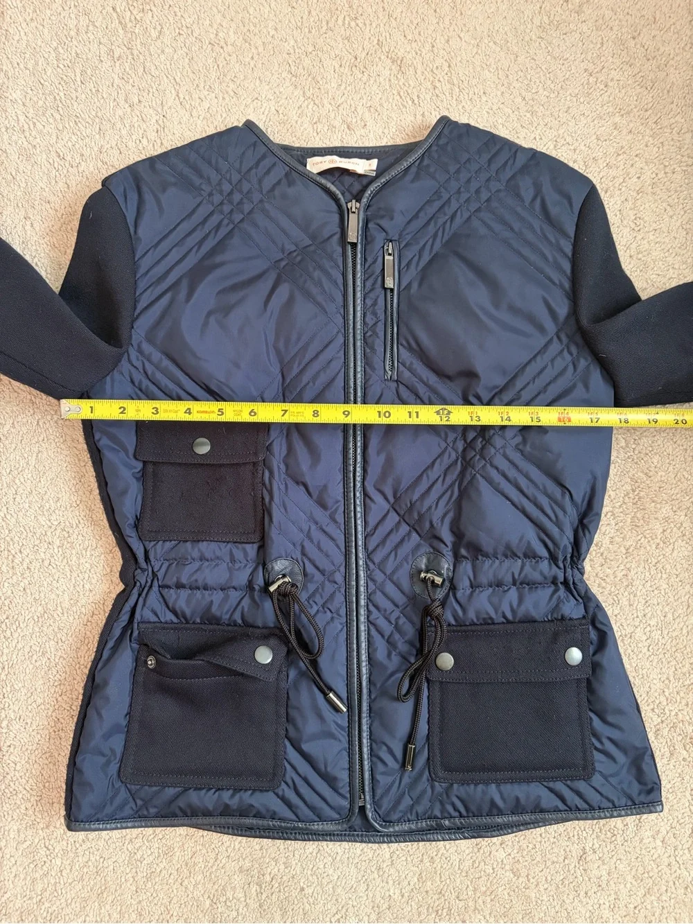Tory Burch Hilary Quilted Tech Combo Bomber Jacket Navy Women's Size 0 Shaping